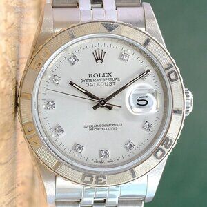 ROLEX DATEJUST SILVER DIAMOND DIAL 18KW TURN-O-GRAPH STEEL JUBILEE WATCH 16264